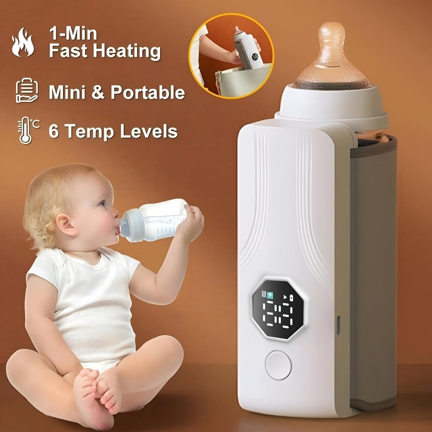 Portable USB Rechargeable Baby Bottle Warmer | Moclever Battery-Powered Milk Heater with Digital Display & 6 Heating Levels – Perfect for Travel