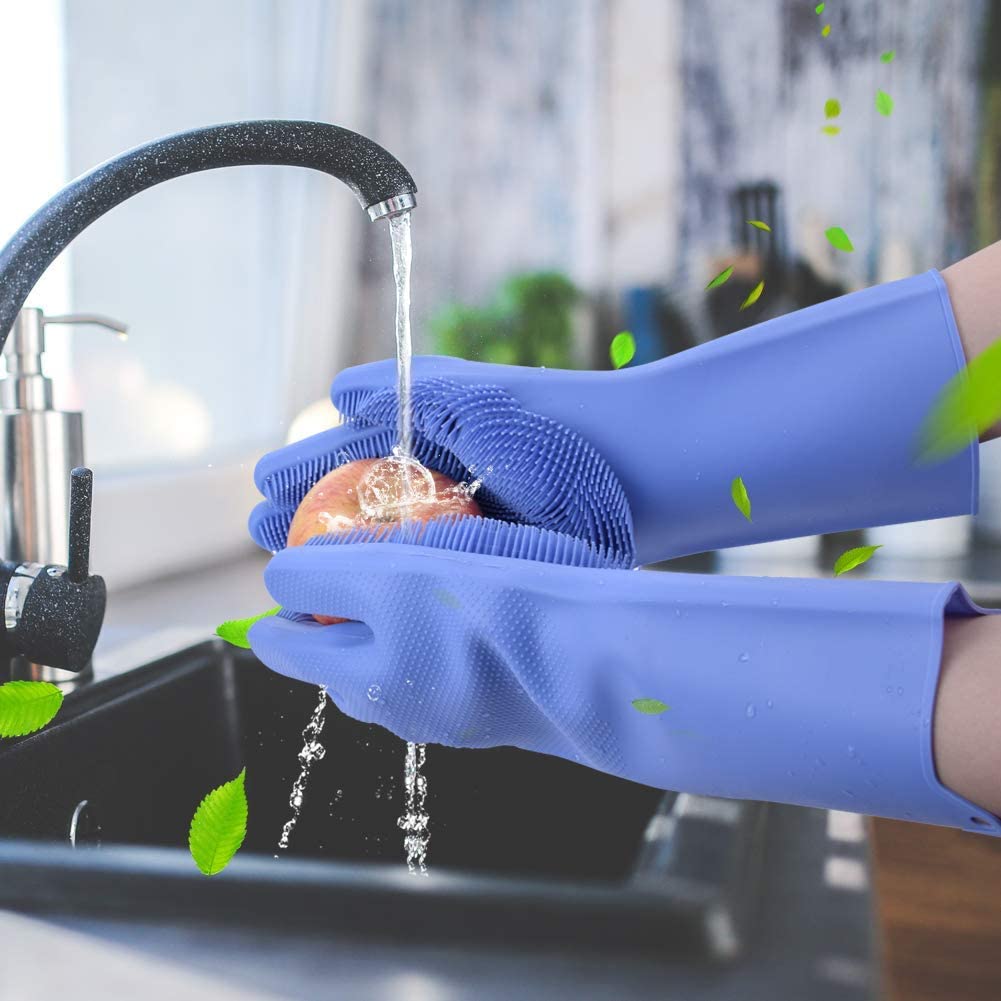 Magic Reusable Silicone Gloves with Scrubber | Heat Resistant Multipurpose Cleaning Gloves for Kitchen, Dishwashing, Car, and Household Use