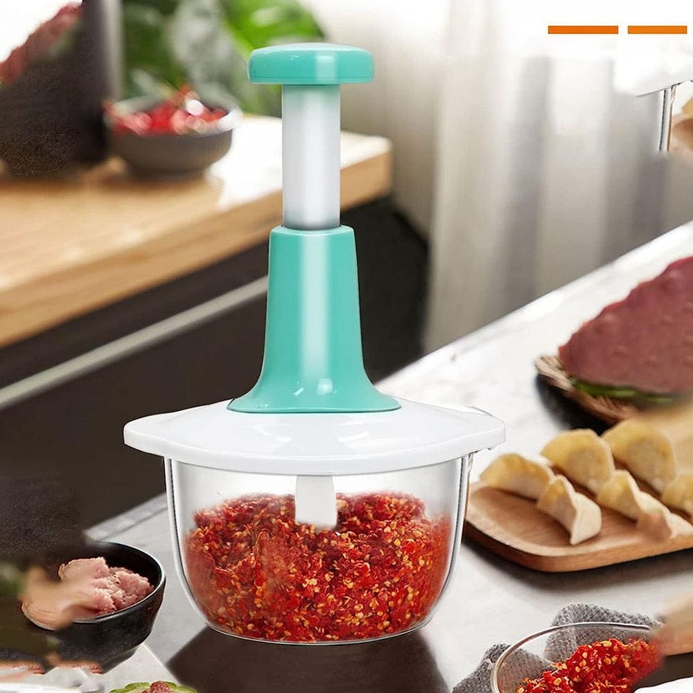 Manual Hand Push Chopper 1.5L – Multi-Functional Vegetable Cutter, Meat Grinder, Slicer & Grater | Fast Push Chopper for Kitchen (Random Color)