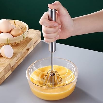 Hand Pressure Semi-Automatic Egg Beater – Manual Whisk & Cream Mixer for Kitchen Baking, Coffee, and Cooking (30.5x6.5cm) | Self-Turning Stainless Steel Beater