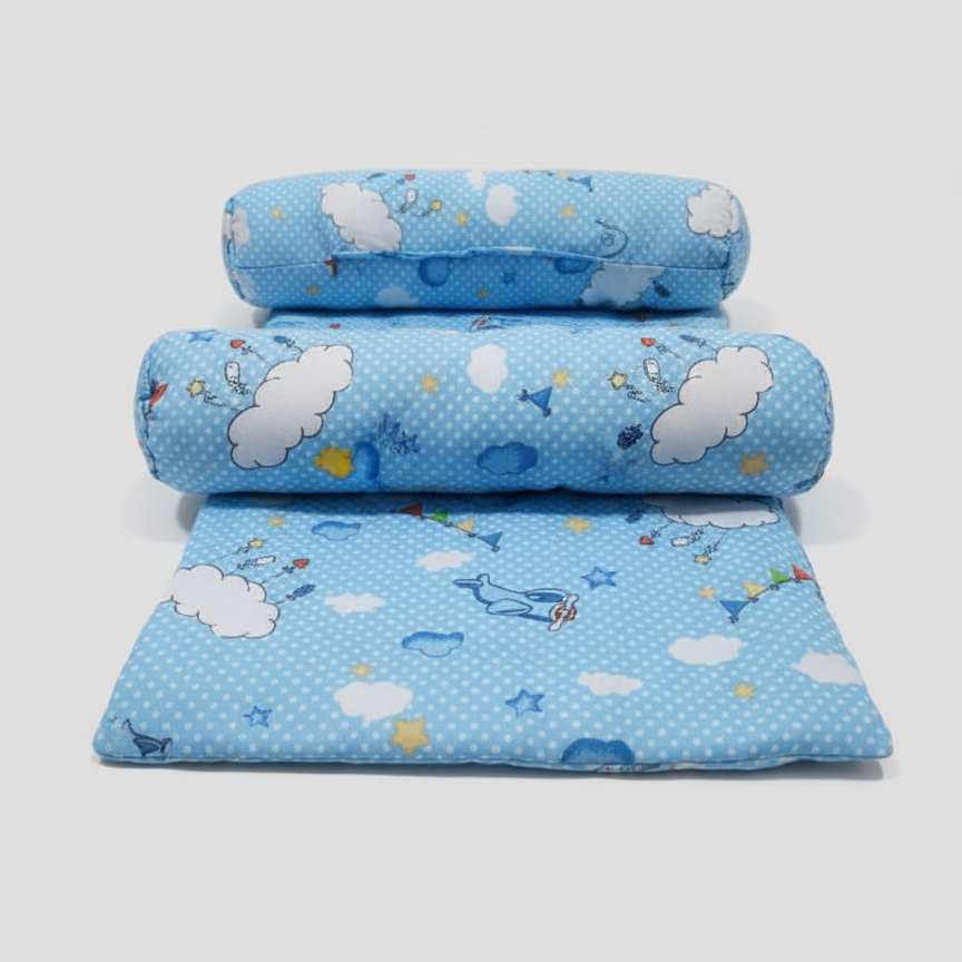 Baby Sleeping Bed Set with Pillow & Side Cushions | Soft Cotton Infant Mattress | Comfortable & Breathable Newborn Bed (Random Color)