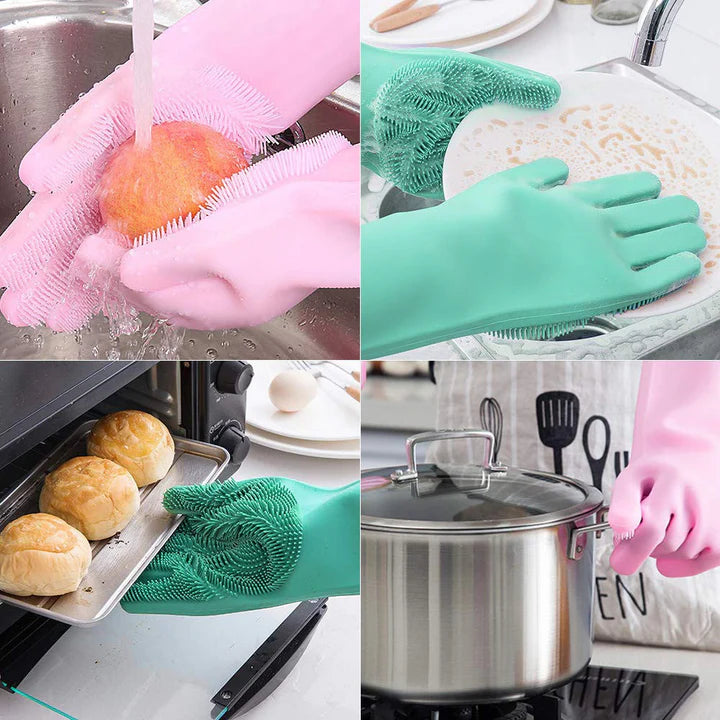 Magic Reusable Silicone Gloves with Scrubber | Heat Resistant Multipurpose Cleaning Gloves for Kitchen, Dishwashing, Car, and Household Use
