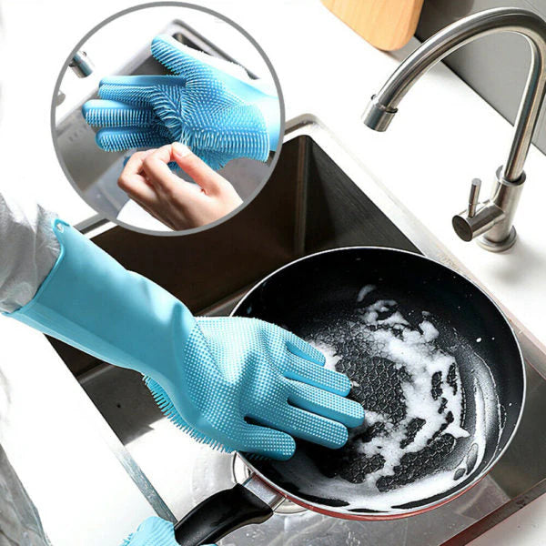 Magic Reusable Silicone Gloves with Scrubber | Heat Resistant Multipurpose Cleaning Gloves for Kitchen, Dishwashing, Car, and Household Use