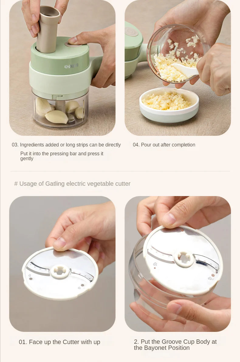 4 in 1 Handheld Electric Vegetable Cutter Set | Mini Food Processor for Garlic, Onion, Chili, Celery, Ginger & Meat – Automatic Chopper with Cleaning Brush