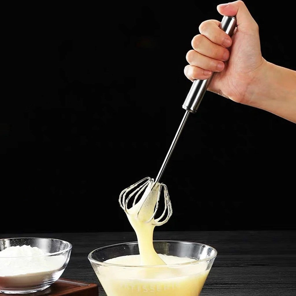 Hand Pressure Semi-Automatic Egg Beater – Manual Whisk & Cream Mixer for Kitchen Baking, Coffee, and Cooking (30.5x6.5cm) | Self-Turning Stainless Steel Beater