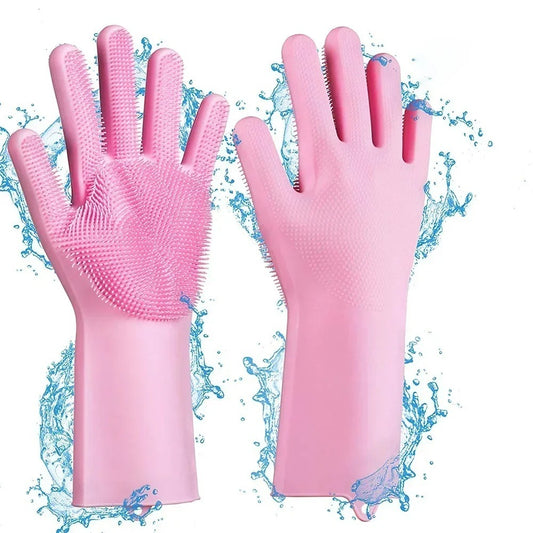 Magic Reusable Silicone Gloves with Scrubber | Heat Resistant Multipurpose Cleaning Gloves for Kitchen, Dishwashing, Car, and Household Use