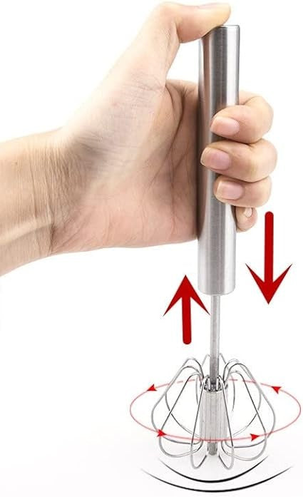 Hand Pressure Semi-Automatic Egg Beater – Manual Whisk & Cream Mixer for Kitchen Baking, Coffee, and Cooking (30.5x6.5cm) | Self-Turning Stainless Steel Beater