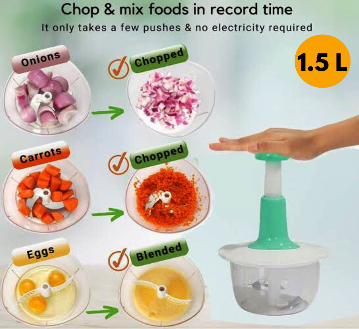 Manual Hand Push Chopper 1.5L – Multi-Functional Vegetable Cutter, Meat Grinder, Slicer & Grater | Fast Push Chopper for Kitchen (Random Color)