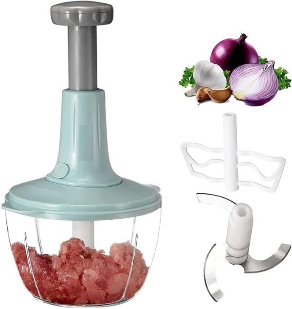 Manual Hand Push Chopper 1.5L – Multi-Functional Vegetable Cutter, Meat Grinder, Slicer & Grater | Fast Push Chopper for Kitchen (Random Color)