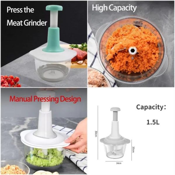 Manual Hand Push Chopper 1.5L – Multi-Functional Vegetable Cutter, Meat Grinder, Slicer & Grater | Fast Push Chopper for Kitchen (Random Color)